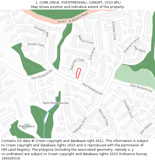 1, CORK DRIVE, PONTPRENNAU, CARDIFF, CF23 8PU: Location map and indicative extent of plot