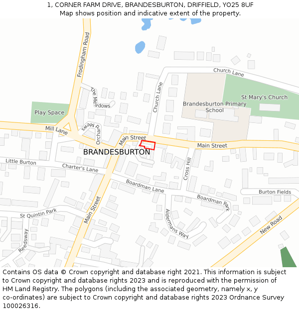 1, CORNER FARM DRIVE, BRANDESBURTON, DRIFFIELD, YO25 8UF: Location map and indicative extent of plot