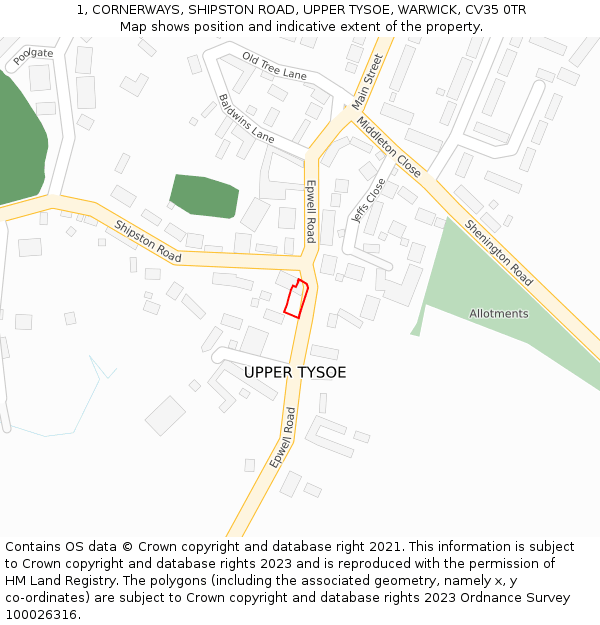 1, CORNERWAYS, SHIPSTON ROAD, UPPER TYSOE, WARWICK, CV35 0TR: Location map and indicative extent of plot