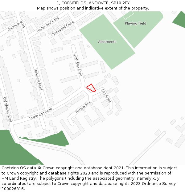 1, CORNFIELDS, ANDOVER, SP10 2EY: Location map and indicative extent of plot