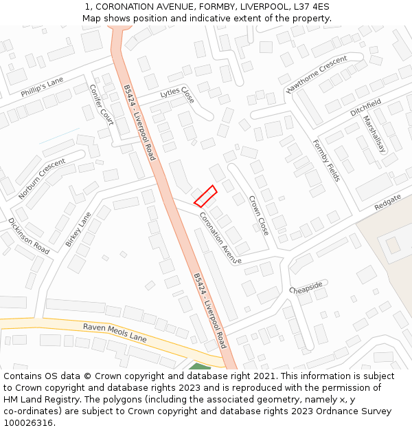 1, CORONATION AVENUE, FORMBY, LIVERPOOL, L37 4ES: Location map and indicative extent of plot