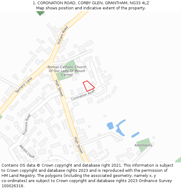 1, CORONATION ROAD, CORBY GLEN, GRANTHAM, NG33 4LZ: Location map and indicative extent of plot