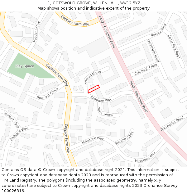 1, COTSWOLD GROVE, WILLENHALL, WV12 5YZ: Location map and indicative extent of plot