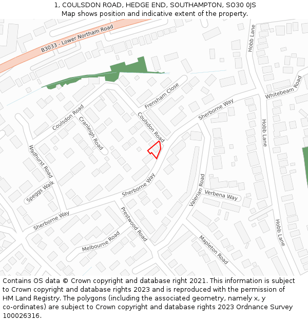 1, COULSDON ROAD, HEDGE END, SOUTHAMPTON, SO30 0JS: Location map and indicative extent of plot