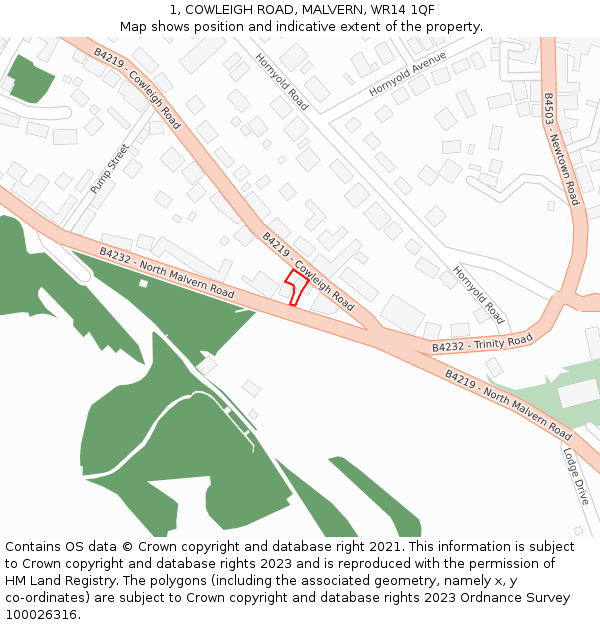 1, COWLEIGH ROAD, MALVERN, WR14 1QF: Location map and indicative extent of plot