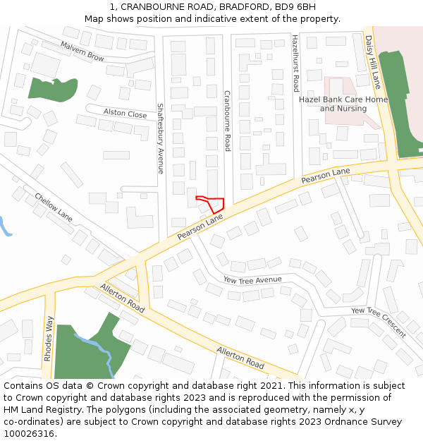 1, CRANBOURNE ROAD, BRADFORD, BD9 6BH: Location map and indicative extent of plot