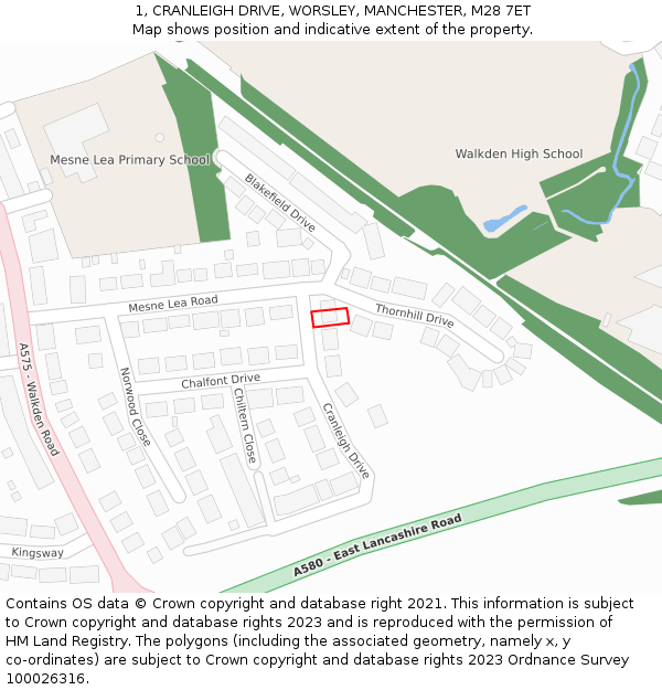 1, CRANLEIGH DRIVE, WORSLEY, MANCHESTER, M28 7ET: Location map and indicative extent of plot