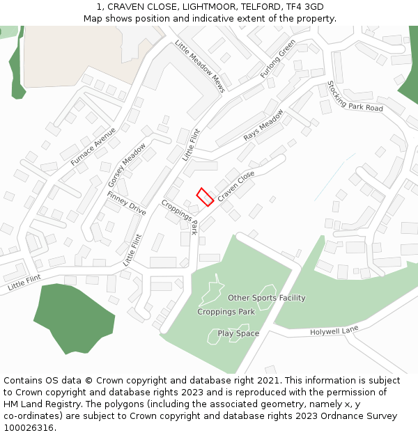 1, CRAVEN CLOSE, LIGHTMOOR, TELFORD, TF4 3GD: Location map and indicative extent of plot