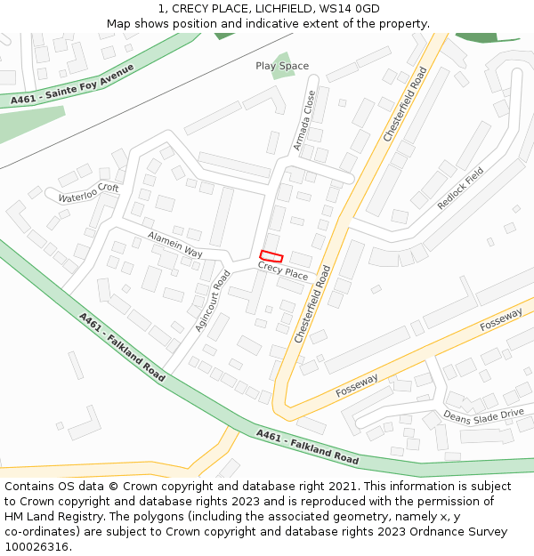 1, CRECY PLACE, LICHFIELD, WS14 0GD: Location map and indicative extent of plot