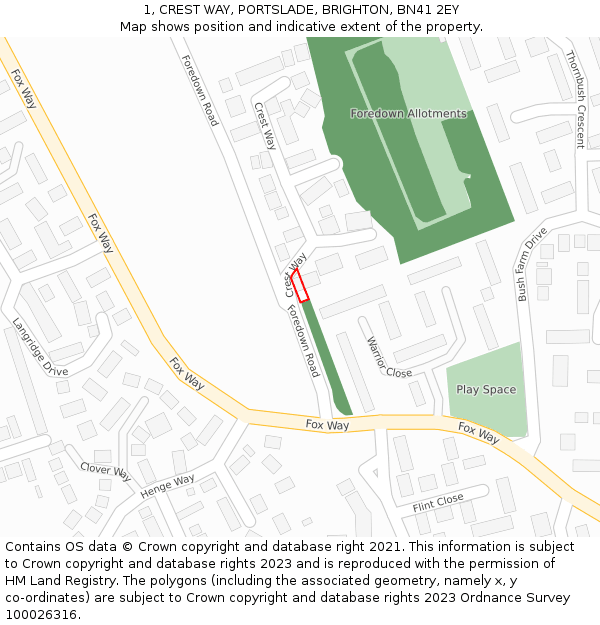 1, CREST WAY, PORTSLADE, BRIGHTON, BN41 2EY: Location map and indicative extent of plot