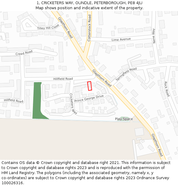 1, CRICKETERS WAY, OUNDLE, PETERBOROUGH, PE8 4JU: Location map and indicative extent of plot