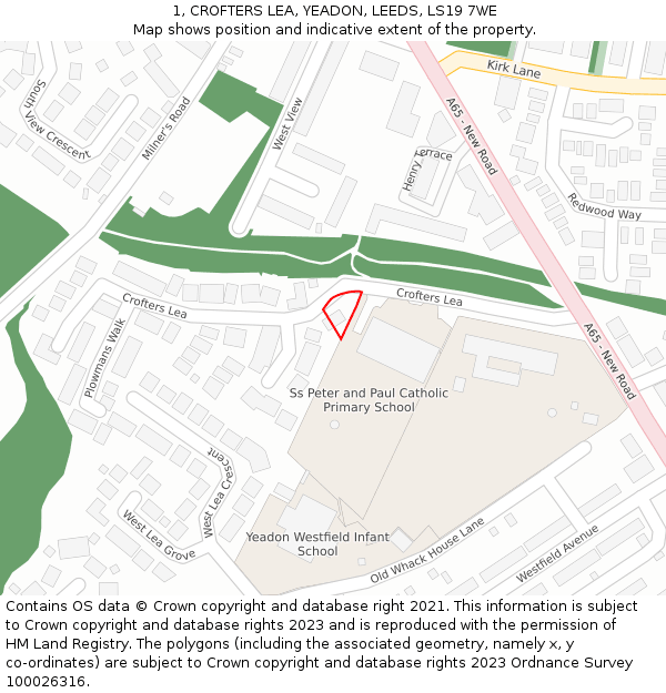 1, CROFTERS LEA, YEADON, LEEDS, LS19 7WE: Location map and indicative extent of plot
