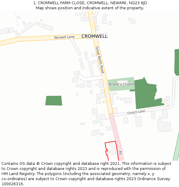 1, CROMWELL FARM CLOSE, CROMWELL, NEWARK, NG23 6JD: Location map and indicative extent of plot