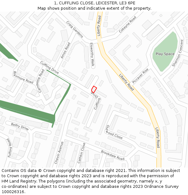 1, CUFFLING CLOSE, LEICESTER, LE3 6PE: Location map and indicative extent of plot
