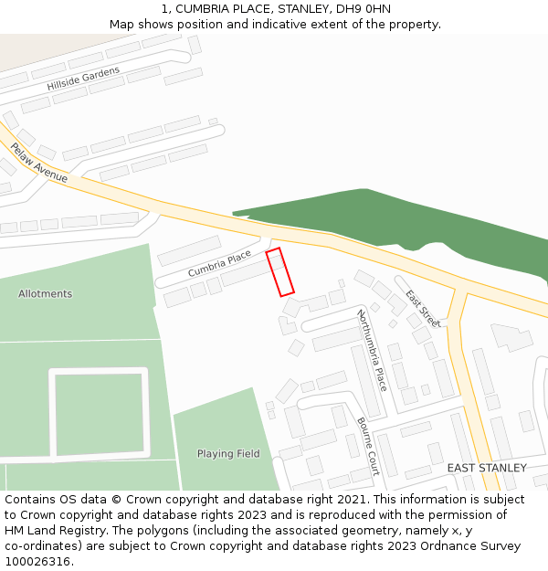 1, CUMBRIA PLACE, STANLEY, DH9 0HN: Location map and indicative extent of plot