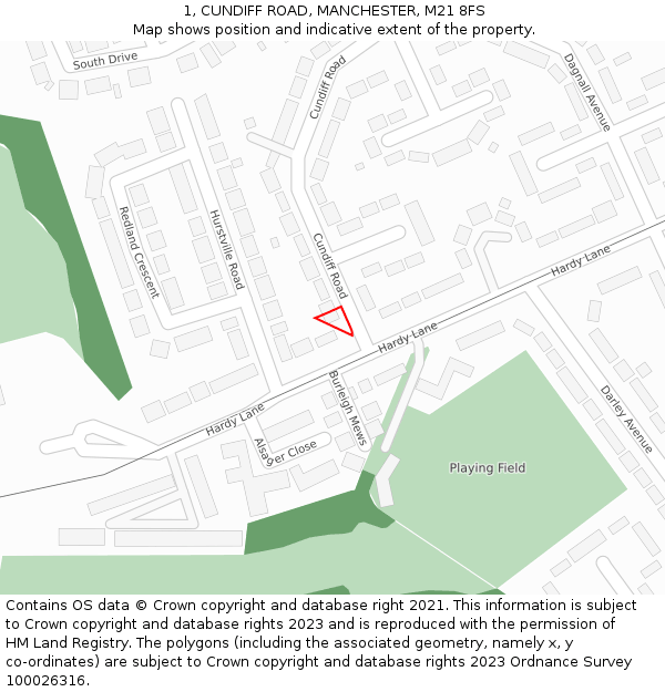 1, CUNDIFF ROAD, MANCHESTER, M21 8FS: Location map and indicative extent of plot