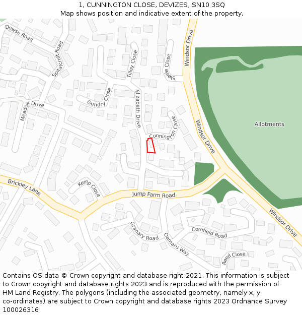 1, CUNNINGTON CLOSE, DEVIZES, SN10 3SQ: Location map and indicative extent of plot
