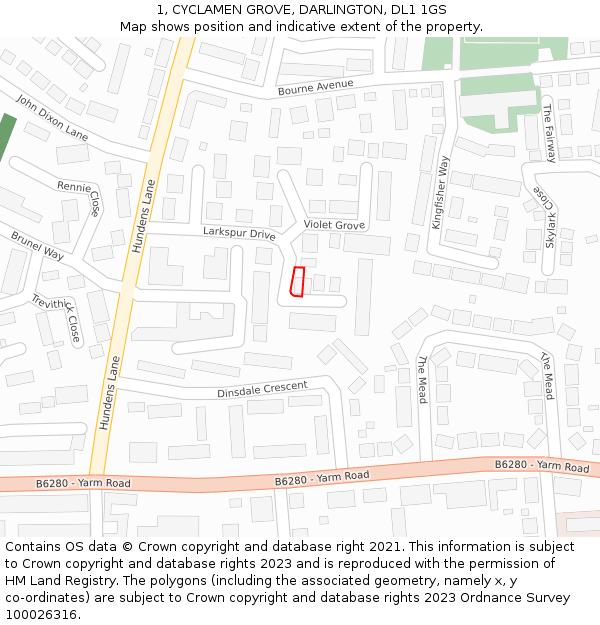 1, CYCLAMEN GROVE, DARLINGTON, DL1 1GS: Location map and indicative extent of plot