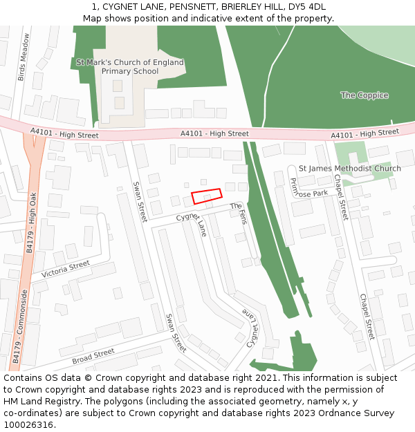 1, CYGNET LANE, PENSNETT, BRIERLEY HILL, DY5 4DL: Location map and indicative extent of plot