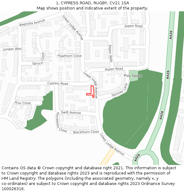 1, CYPRESS ROAD, RUGBY, CV21 1SA: Location map and indicative extent of plot