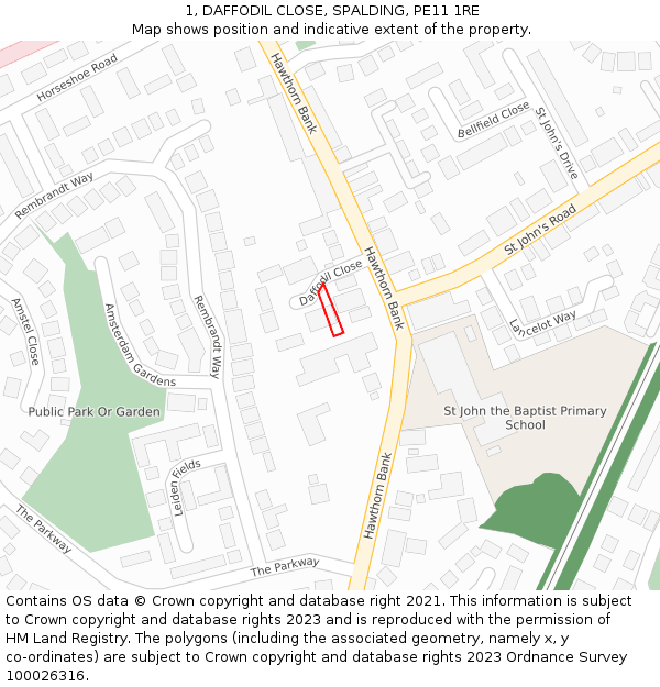 1, DAFFODIL CLOSE, SPALDING, PE11 1RE: Location map and indicative extent of plot