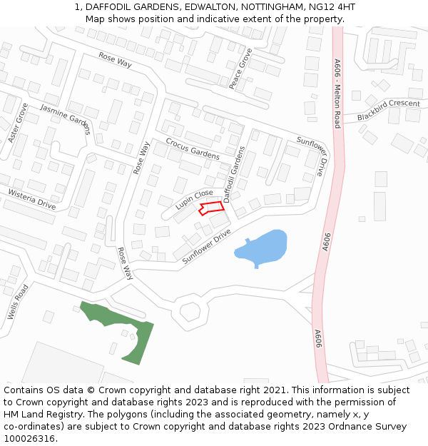 1, DAFFODIL GARDENS, EDWALTON, NOTTINGHAM, NG12 4HT: Location map and indicative extent of plot