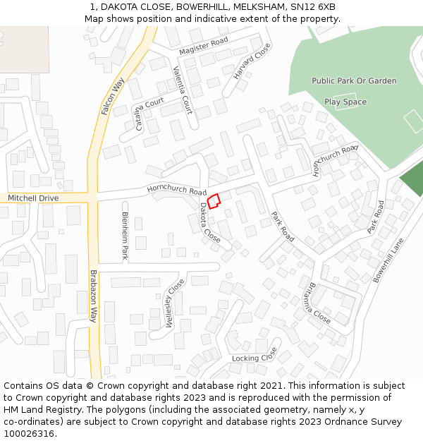 1, DAKOTA CLOSE, BOWERHILL, MELKSHAM, SN12 6XB: Location map and indicative extent of plot