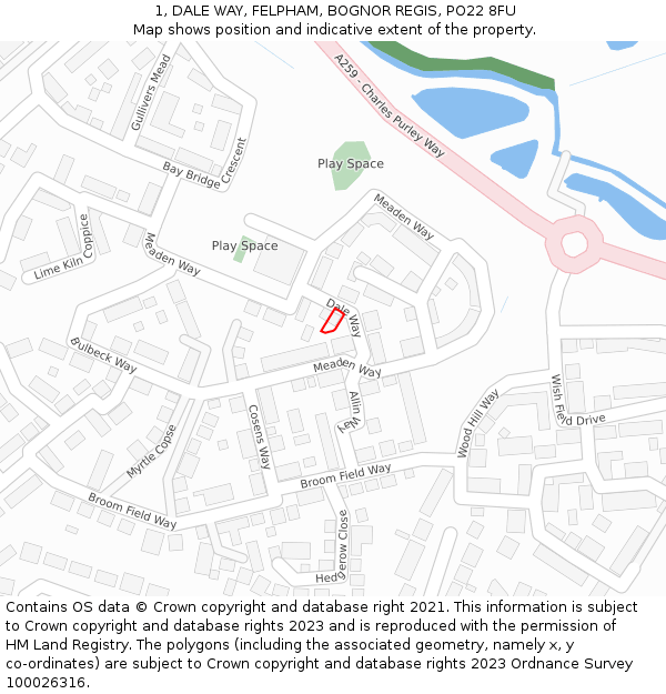 1, DALE WAY, FELPHAM, BOGNOR REGIS, PO22 8FU: Location map and indicative extent of plot