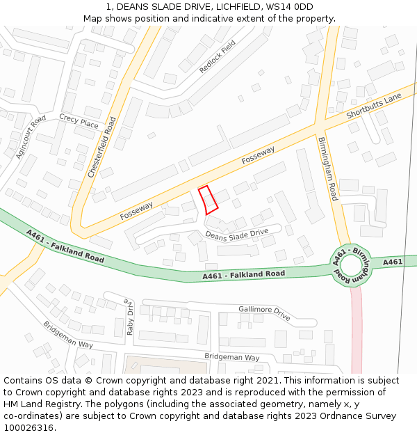 1, DEANS SLADE DRIVE, LICHFIELD, WS14 0DD: Location map and indicative extent of plot