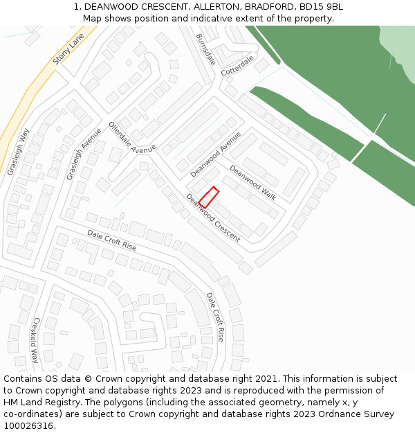 1, DEANWOOD CRESCENT, ALLERTON, BRADFORD, BD15 9BL: Location map and indicative extent of plot