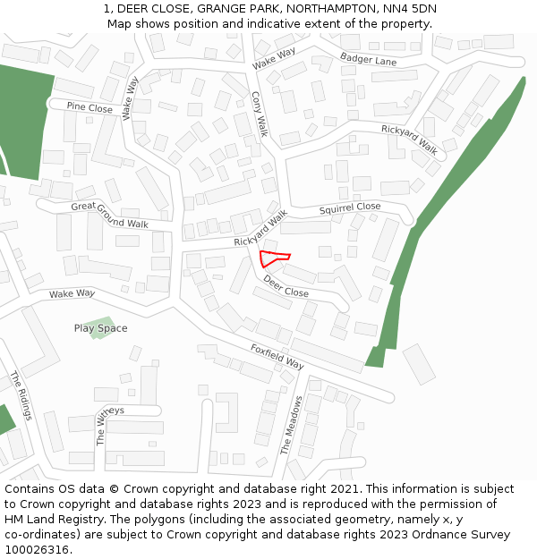 1, DEER CLOSE, GRANGE PARK, NORTHAMPTON, NN4 5DN: Location map and indicative extent of plot