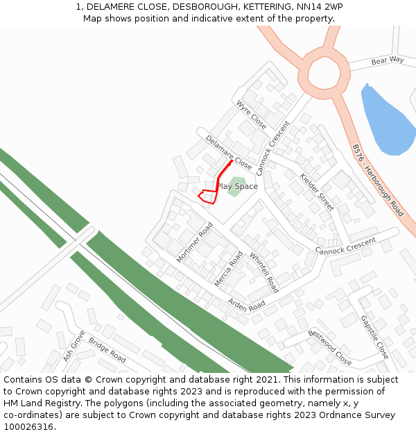 1, DELAMERE CLOSE, DESBOROUGH, KETTERING, NN14 2WP: Location map and indicative extent of plot