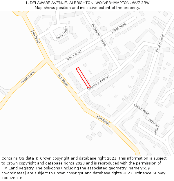 1, DELAWARE AVENUE, ALBRIGHTON, WOLVERHAMPTON, WV7 3BW: Location map and indicative extent of plot