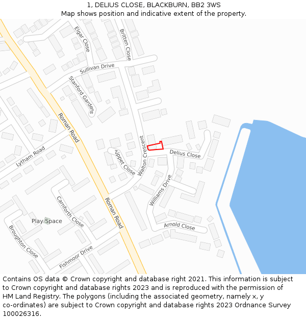 1, DELIUS CLOSE, BLACKBURN, BB2 3WS: Location map and indicative extent of plot