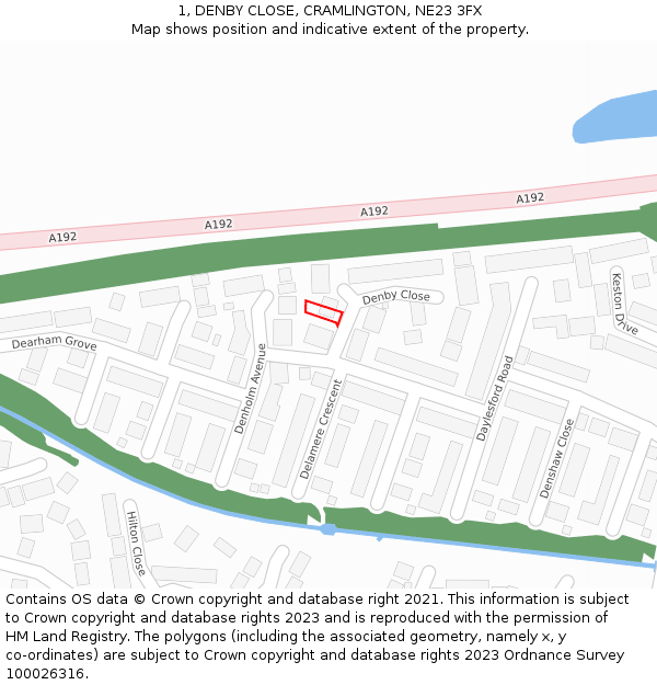 1, DENBY CLOSE, CRAMLINGTON, NE23 3FX: Location map and indicative extent of plot