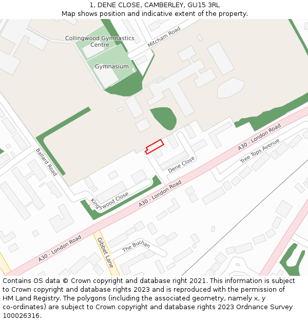 1, DENE CLOSE, CAMBERLEY, GU15 3RL: Location map and indicative extent of plot