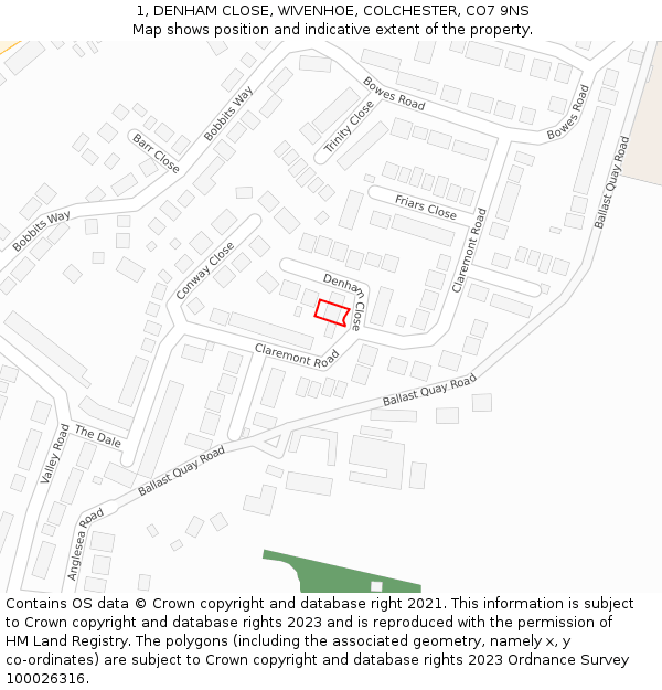 1, DENHAM CLOSE, WIVENHOE, COLCHESTER, CO7 9NS: Location map and indicative extent of plot