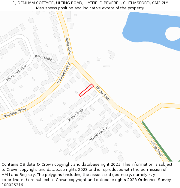 1, DENHAM COTTAGE, ULTING ROAD, HATFIELD PEVEREL, CHELMSFORD, CM3 2LY: Location map and indicative extent of plot