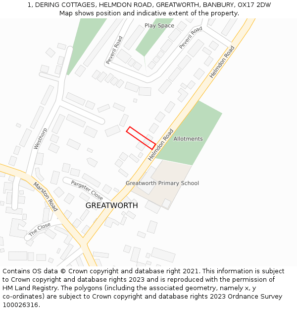 1, DERING COTTAGES, HELMDON ROAD, GREATWORTH, BANBURY, OX17 2DW: Location map and indicative extent of plot