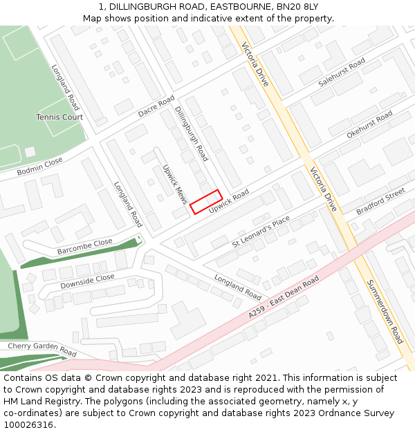 1, DILLINGBURGH ROAD, EASTBOURNE, BN20 8LY: Location map and indicative extent of plot