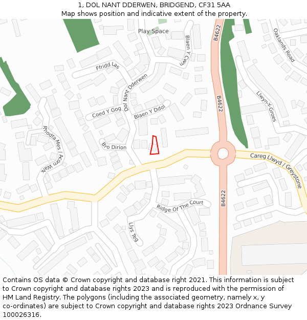 1, DOL NANT DDERWEN, BRIDGEND, CF31 5AA: Location map and indicative extent of plot