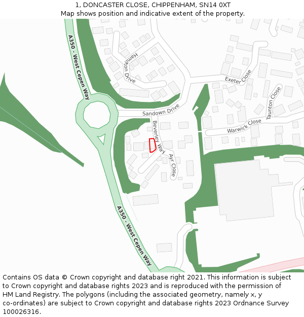 1, DONCASTER CLOSE, CHIPPENHAM, SN14 0XT: Location map and indicative extent of plot