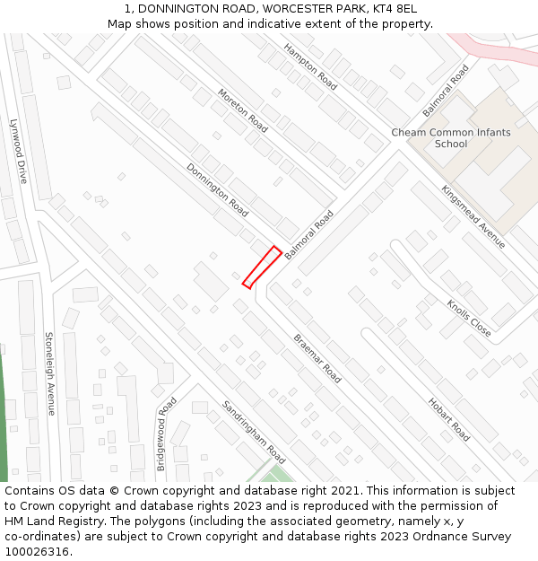 1, DONNINGTON ROAD, WORCESTER PARK, KT4 8EL: Location map and indicative extent of plot