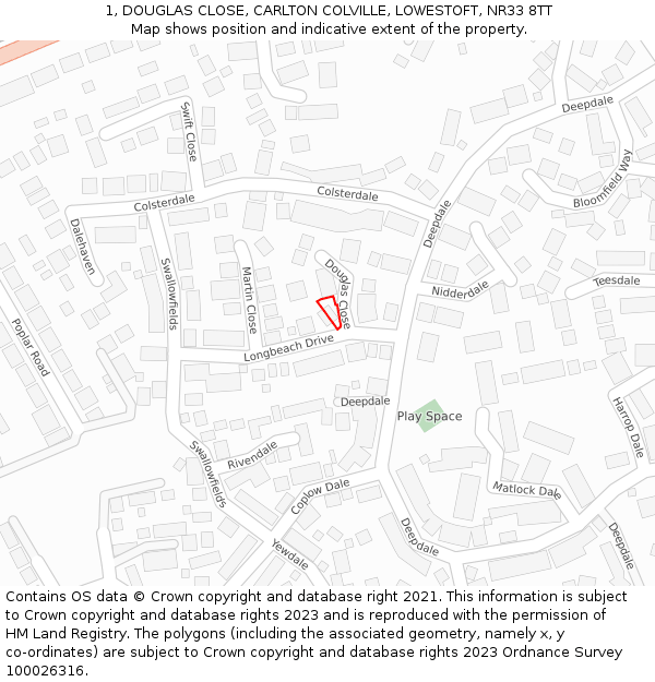 1, DOUGLAS CLOSE, CARLTON COLVILLE, LOWESTOFT, NR33 8TT: Location map and indicative extent of plot