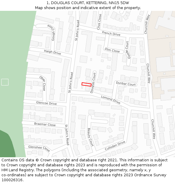 1, DOUGLAS COURT, KETTERING, NN15 5DW: Location map and indicative extent of plot