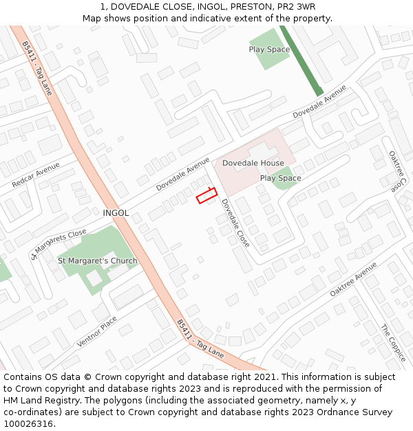 1, DOVEDALE CLOSE, INGOL, PRESTON, PR2 3WR: Location map and indicative extent of plot