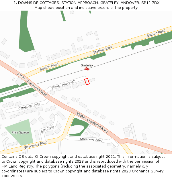 1, DOWNSIDE COTTAGES, STATION APPROACH, GRATELEY, ANDOVER, SP11 7DX: Location map and indicative extent of plot