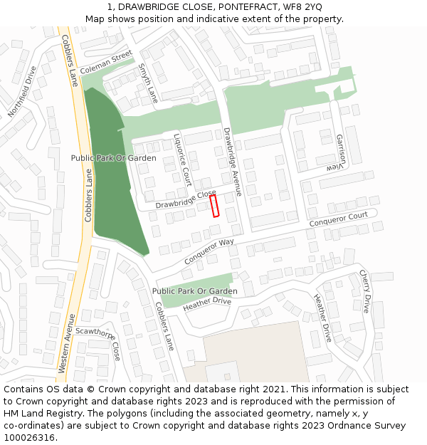 1, DRAWBRIDGE CLOSE, PONTEFRACT, WF8 2YQ: Location map and indicative extent of plot