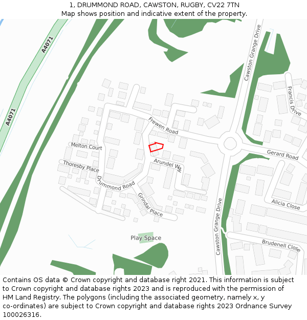 1, DRUMMOND ROAD, CAWSTON, RUGBY, CV22 7TN: Location map and indicative extent of plot