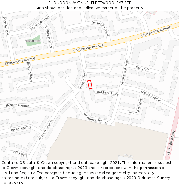 1, DUDDON AVENUE, FLEETWOOD, FY7 8EP: Location map and indicative extent of plot